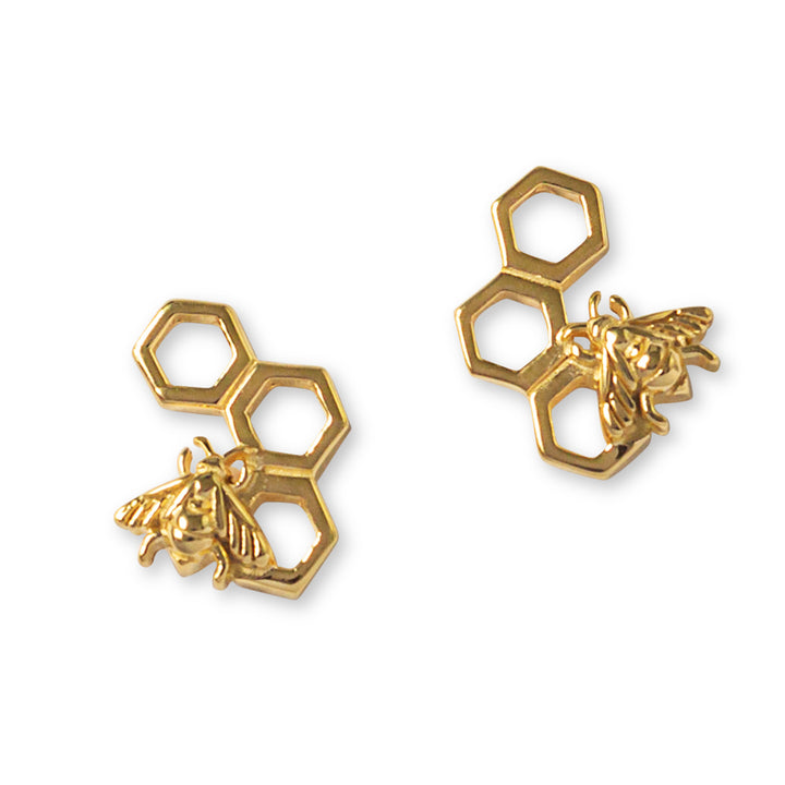 Bumble Bee Honeycomb Gold Stud Earrings