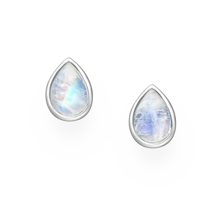 Rainbow Moonstone Droplet Sterling Silver Stud Earrings