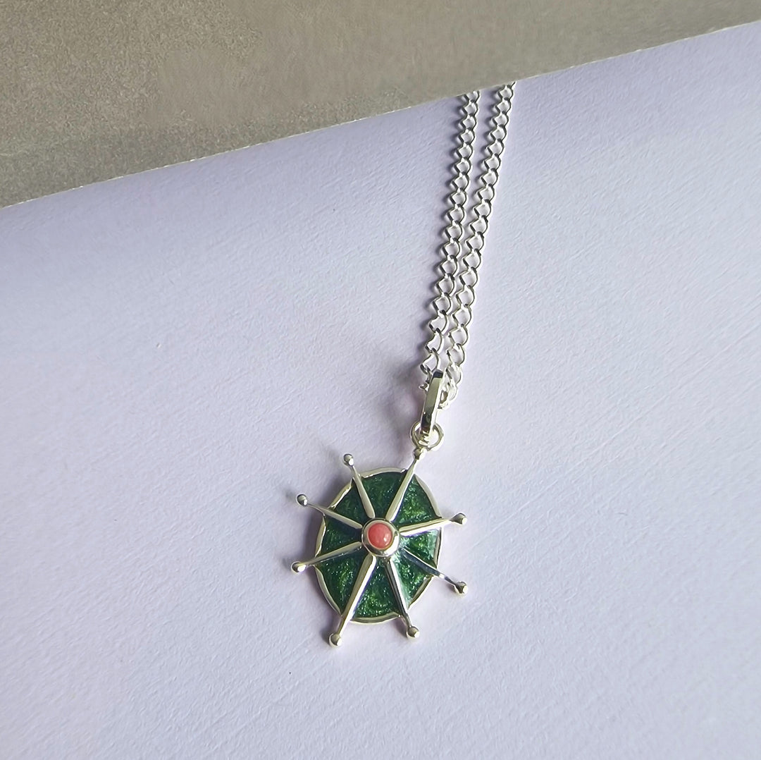 Pink Rhodonite and Green Enamel 8 Point Star Silver Necklace