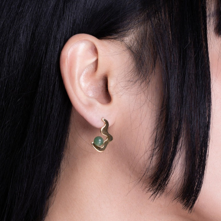 Aventurine Wave Drop Stud Earrings Gold