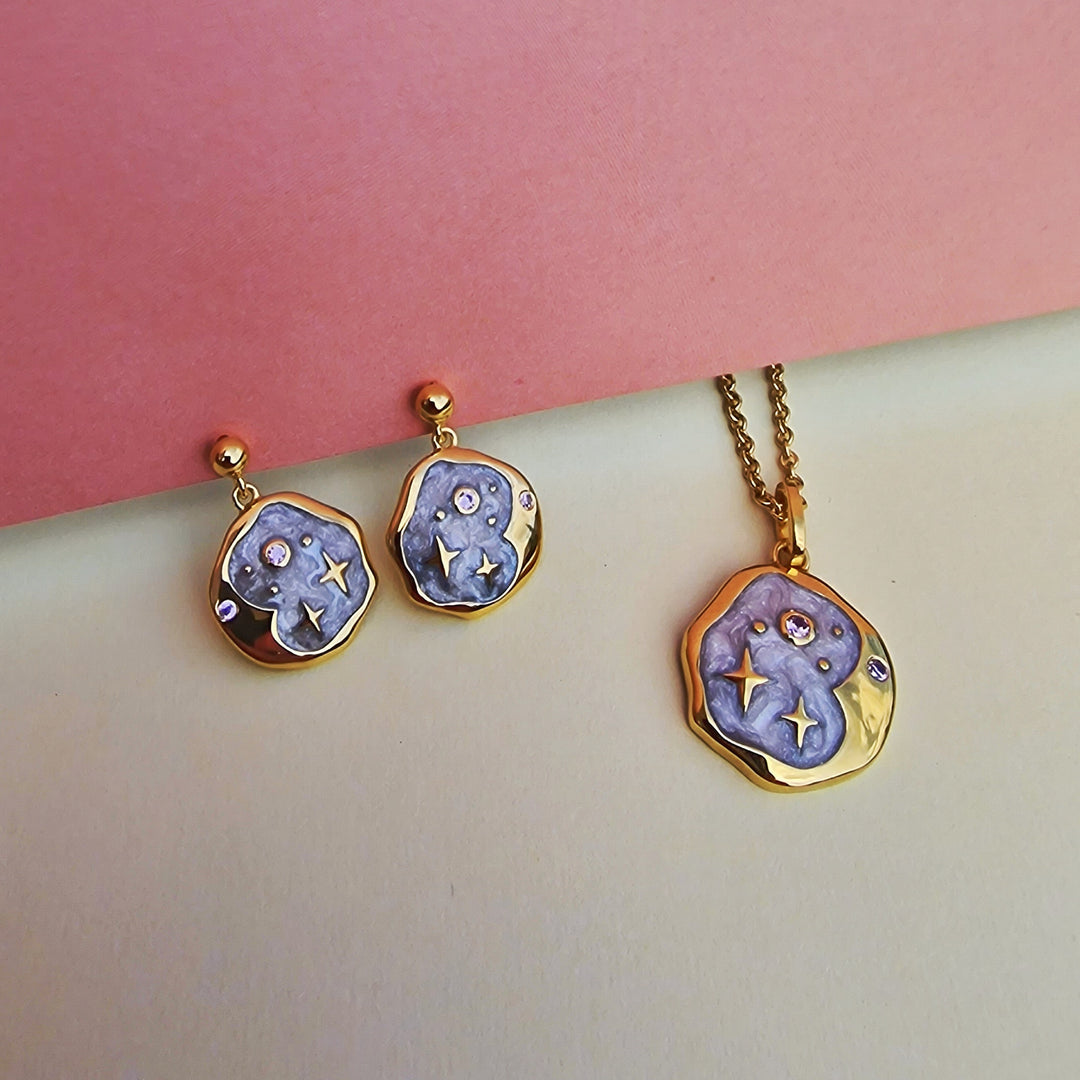 Pink Opal and Pearl Enamel Starry Night Gold Necklace