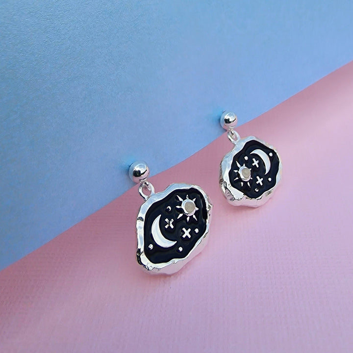 Midnight Scene Rose Quartz and Black Enamel Stud Silver