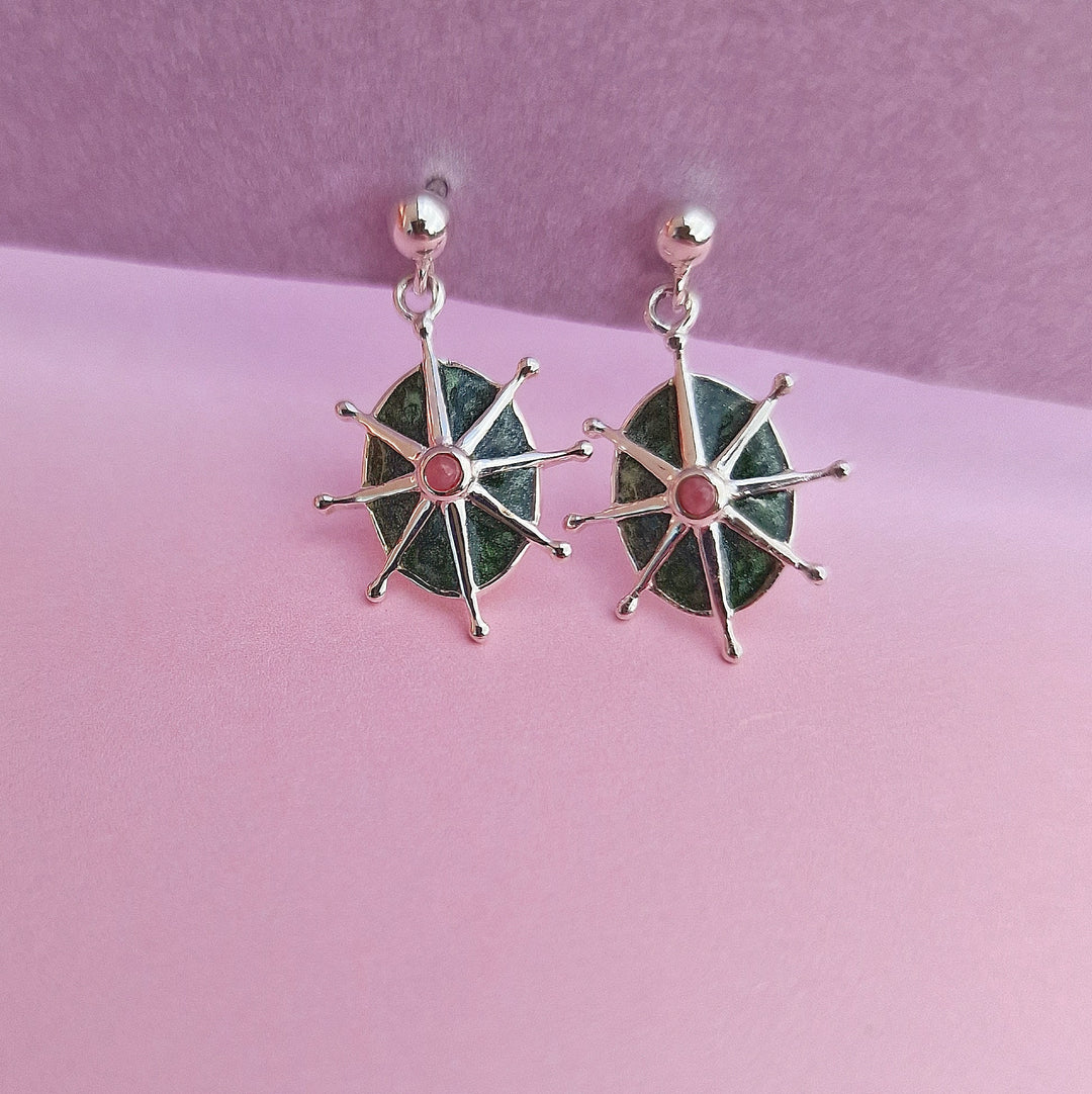 Pink Rhodonite and Green Enamel 8 Point Star Stud Silver