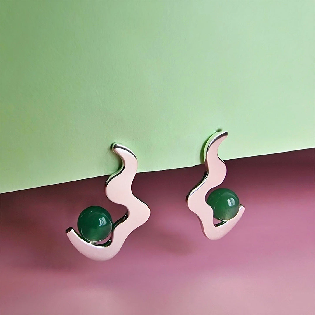 Aventurine Wave Drop Stud Earrings Silver - Vurchoo Ethical Jewellery