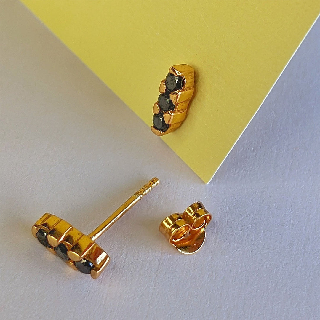 Black Cubic Zirconia Trio Gold Stud Earrings - Vurchoo Ethical Jewellery